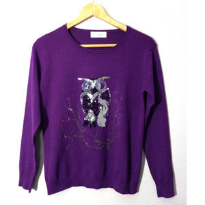 SA2 Vintage Stretch Crew Neck Owl Long Sleeve Glitter Purple Silver Sz S Sweater